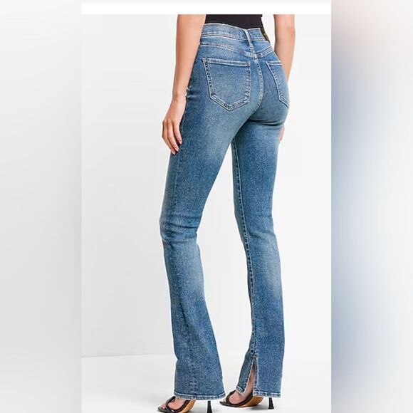 Express Mid Rise Medium Wash Skyscraper Stretch Jeans sz 8 long Slight Kick Hem - Picture 3 of 15